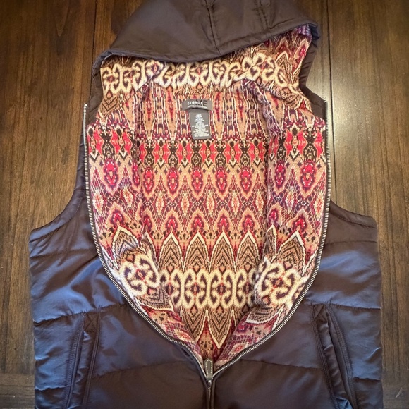 George by Mark Eisen Chocolate Puffer Hooded Vest Zip Up,  Size Large - Picture 5 of 12
